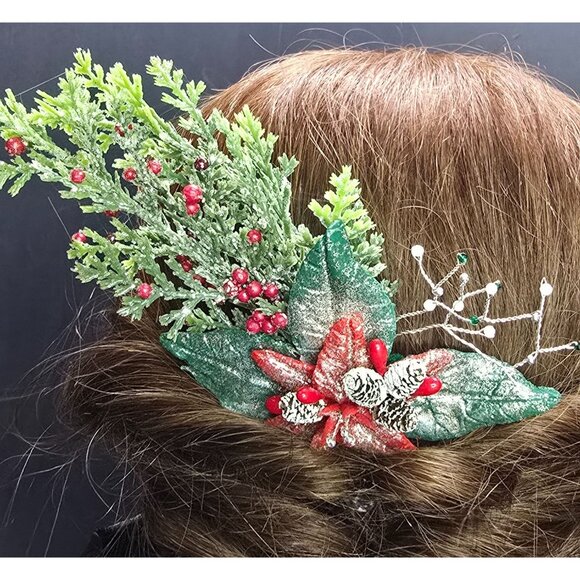 Natural Moonstone & Emerald Gemstone Frosted Holiday/Poinsettia Style Hair Comb - Picture 4 of 10
